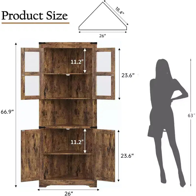 Meuble de rangement d'angle de 170 cm de haut avec lumières, buffet d'angle de ferme avec portes vitrées, organisateur de rangement en bois pour cuisine
