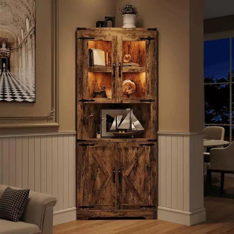 Meuble de rangement d'angle de 170 cm de haut avec lumières, buffet d'angle de ferme avec portes vitrées, organisateur de rangement en bois pour cuisine