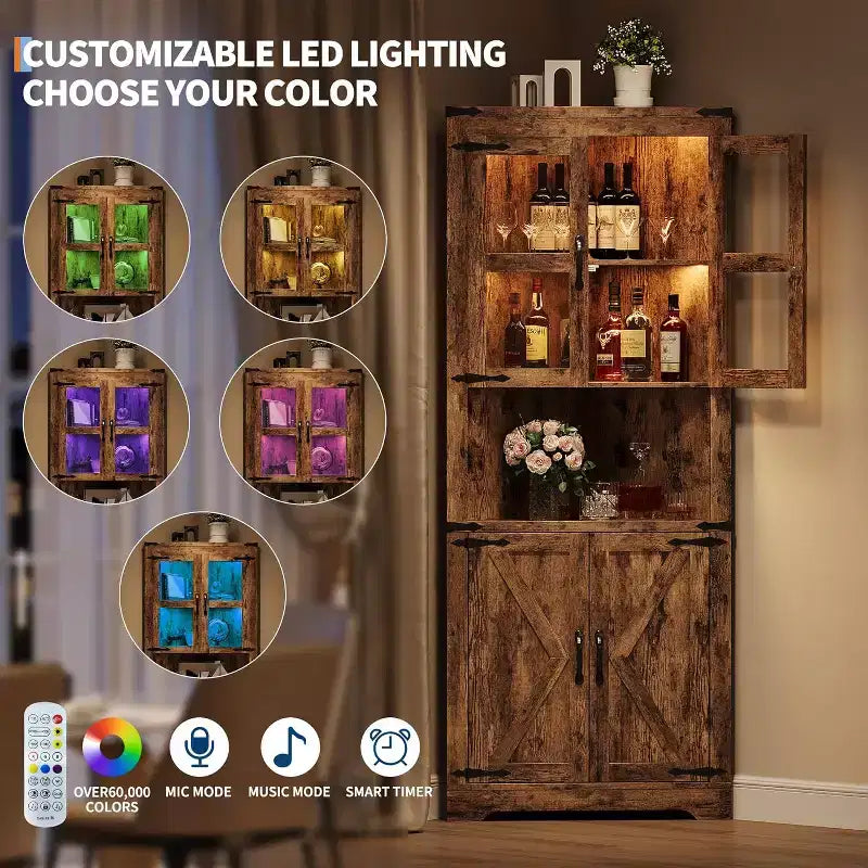 Meuble de rangement d'angle de 170 cm de haut avec lumières, buffet d'angle de ferme avec portes vitrées, organisateur de rangement en bois pour cuisine