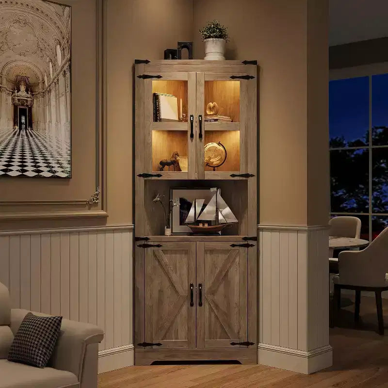 Meuble de rangement d'angle de 170 cm de haut avec lumières, buffet d'angle de ferme avec portes vitrées, organisateur de rangement en bois pour cuisine