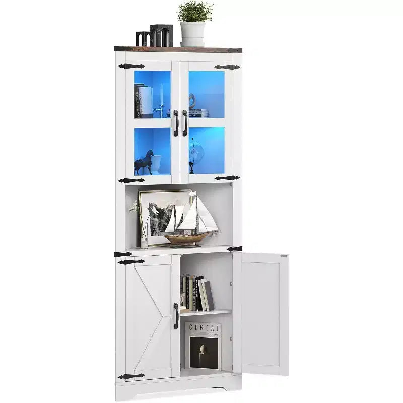 Meuble de rangement d'angle de 170 cm de haut avec lumières, buffet d'angle de ferme avec portes vitrées, organisateur de rangement en bois pour cuisine