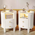 Lantine Set of 2 Modern Ivory White Nightstands with LED Glass Tabletop, 2 Drawers, No Assembly Required, Oval Bedroom Bedside Tables