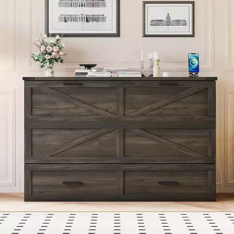 MAYEERTY Lit escamotable de style fermier pour grand lit avec station de recharge Tiroir de rangement pliable pour chambre à coucher Gris rustique