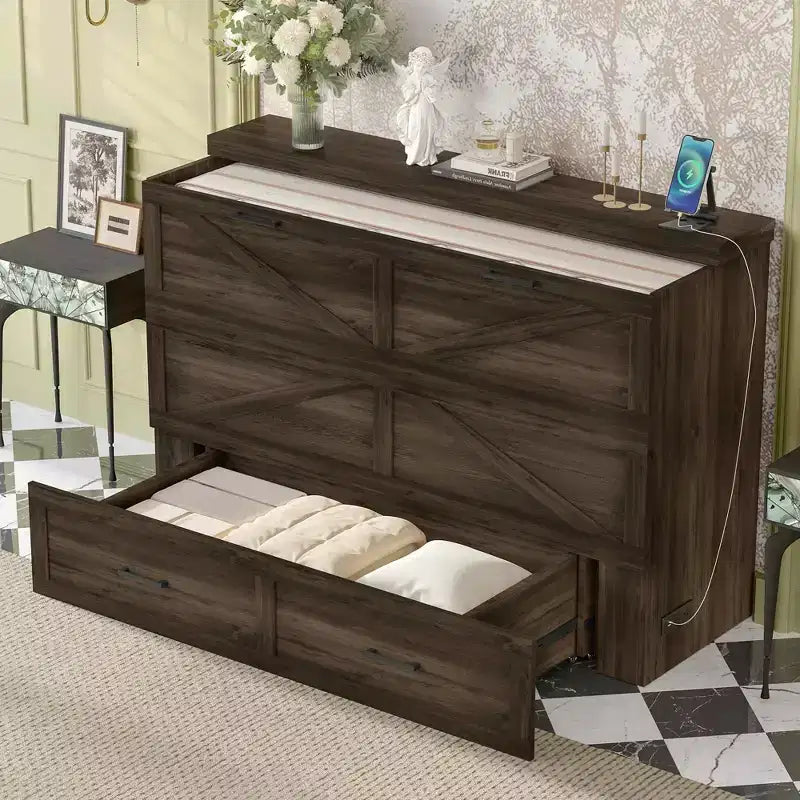 MAYEERTY Lit escamotable de style fermier pour grand lit avec station de recharge Tiroir de rangement pliable pour chambre à coucher Gris rustique