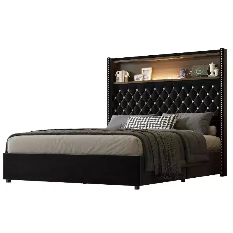 MAYEERTY Lit double en velours capitonné avec veilleuse, tête de lit haute de 52 po, décor de rivets, tête de lit de plateforme à oreilles avec étagère, pour chambre à coucher, noir
