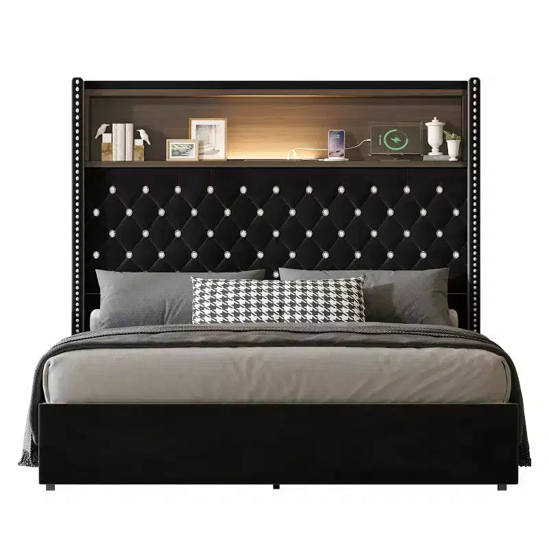 MAYEERTY Lit double en velours capitonné avec veilleuse, tête de lit haute de 52 po, décor de rivets, tête de lit de plateforme à oreilles avec étagère, pour chambre à coucher, noir