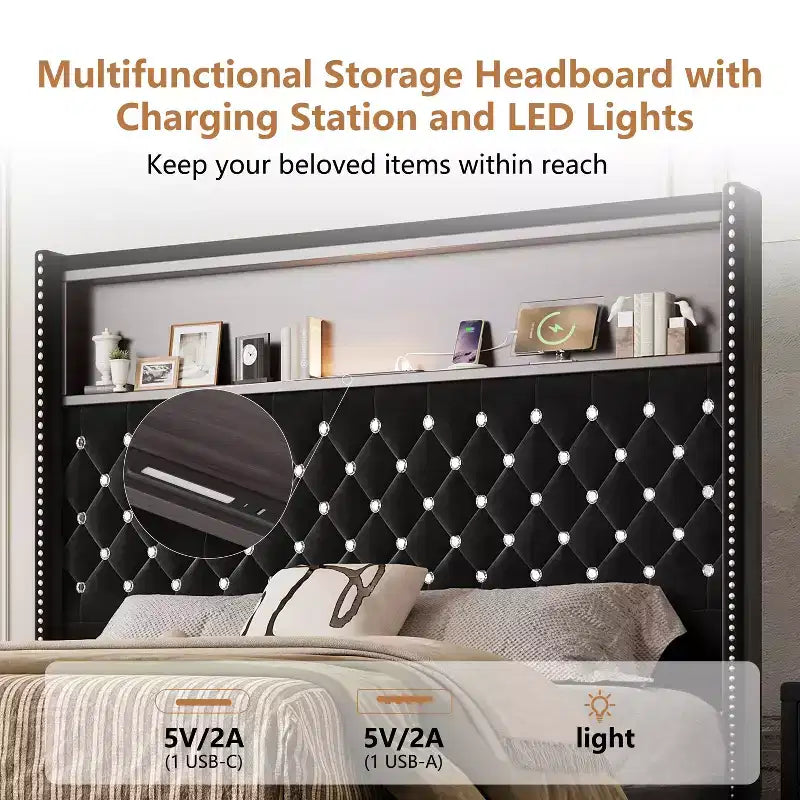 MAYEERTY Lit double en velours capitonné avec veilleuse, tête de lit haute de 52 po, décor de rivets, tête de lit de plateforme à oreilles avec étagère, pour chambre à coucher, noir