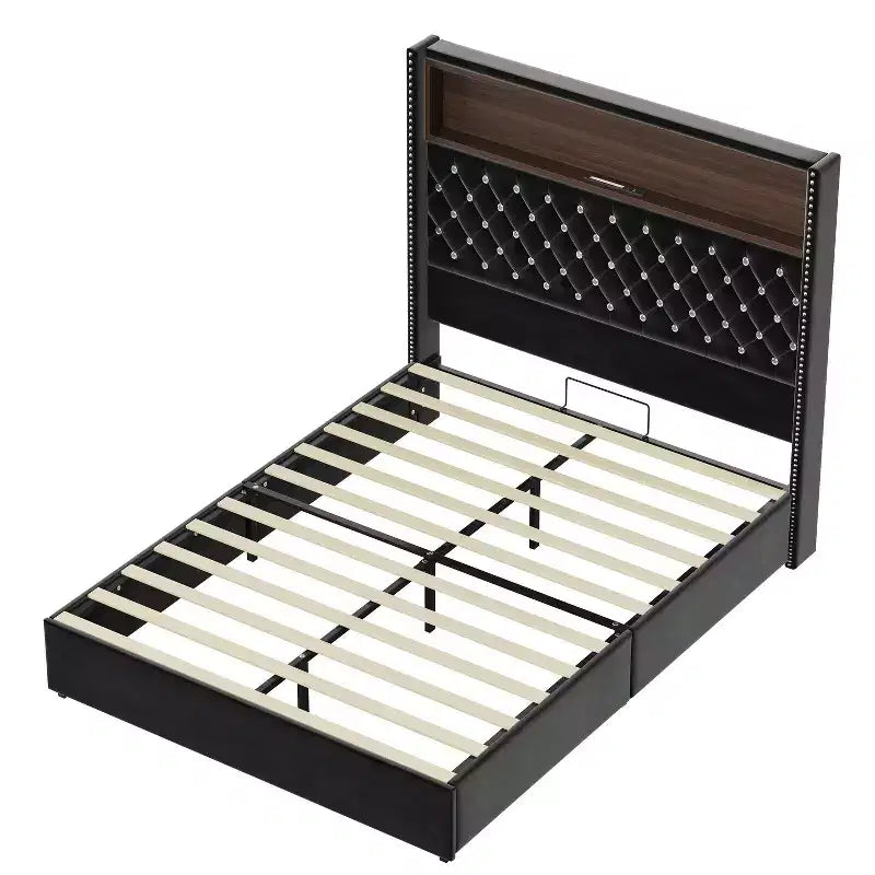 MAYEERTY Lit double en velours capitonné avec veilleuse, tête de lit haute de 52 po, décor de rivets, tête de lit de plateforme à oreilles avec étagère, pour chambre à coucher, noir
