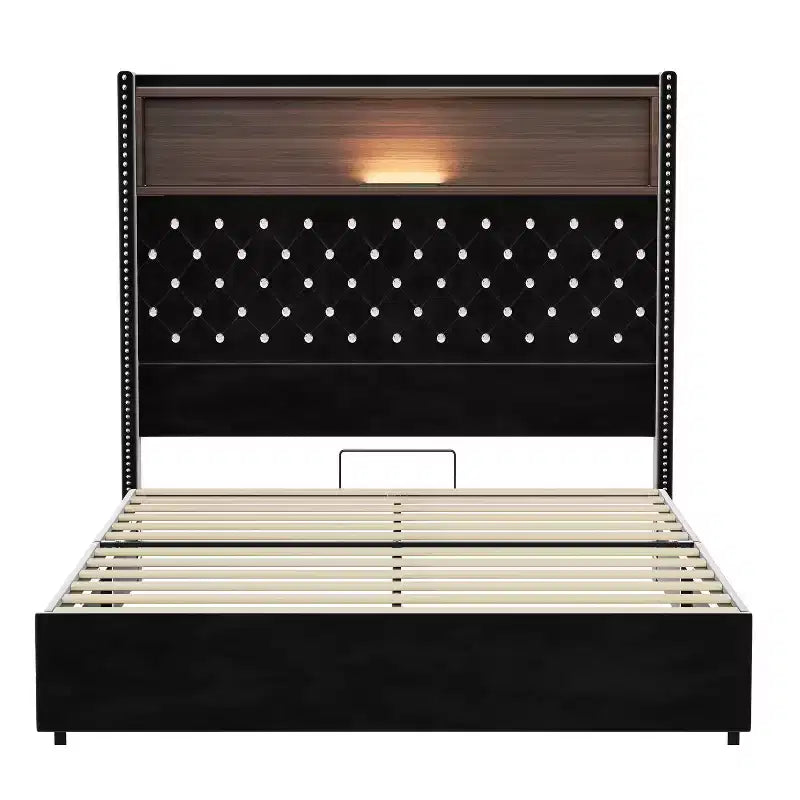 MAYEERTY Lit double en velours capitonné avec veilleuse, tête de lit haute de 52 po, décor de rivets, tête de lit de plateforme à oreilles avec étagère, pour chambre à coucher, noir
