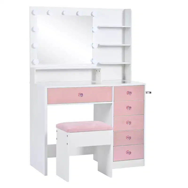 Coiffeuse avec tabouret rembourré, miroir, ampoules à 3 couleurs d'éclairage, station de charge et support pour sèche-cheveux - ModernLuxe