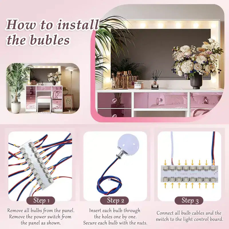 Coiffeuse avec tabouret rembourré, miroir, ampoules à 3 couleurs d'éclairage, station de charge et support pour sèche-cheveux - ModernLuxe