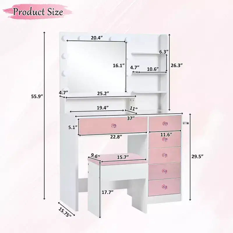 Coiffeuse avec tabouret rembourré, miroir, ampoules à 3 couleurs d'éclairage, station de charge et support pour sèche-cheveux - ModernLuxe