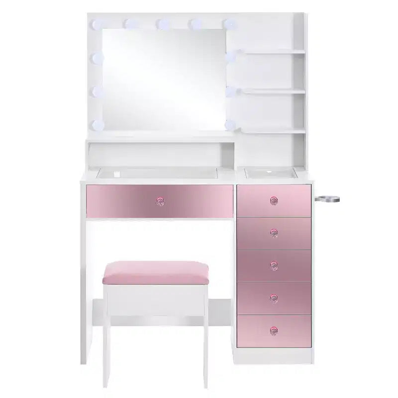 Coiffeuse avec tabouret rembourré, miroir, ampoules à 3 couleurs d'éclairage, station de charge et support pour sèche-cheveux - ModernLuxe