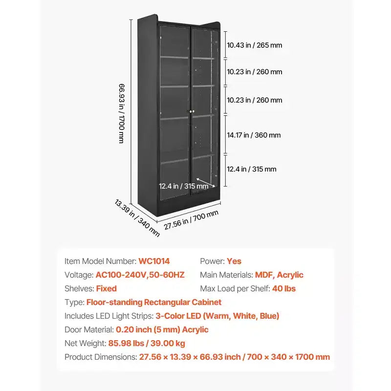 Vitrine VEVOR avec portes, vitrine éclairée de 170 cm de haut avec 2 étagères réglables, vitrine à collectionner à 5 niveaux, noire