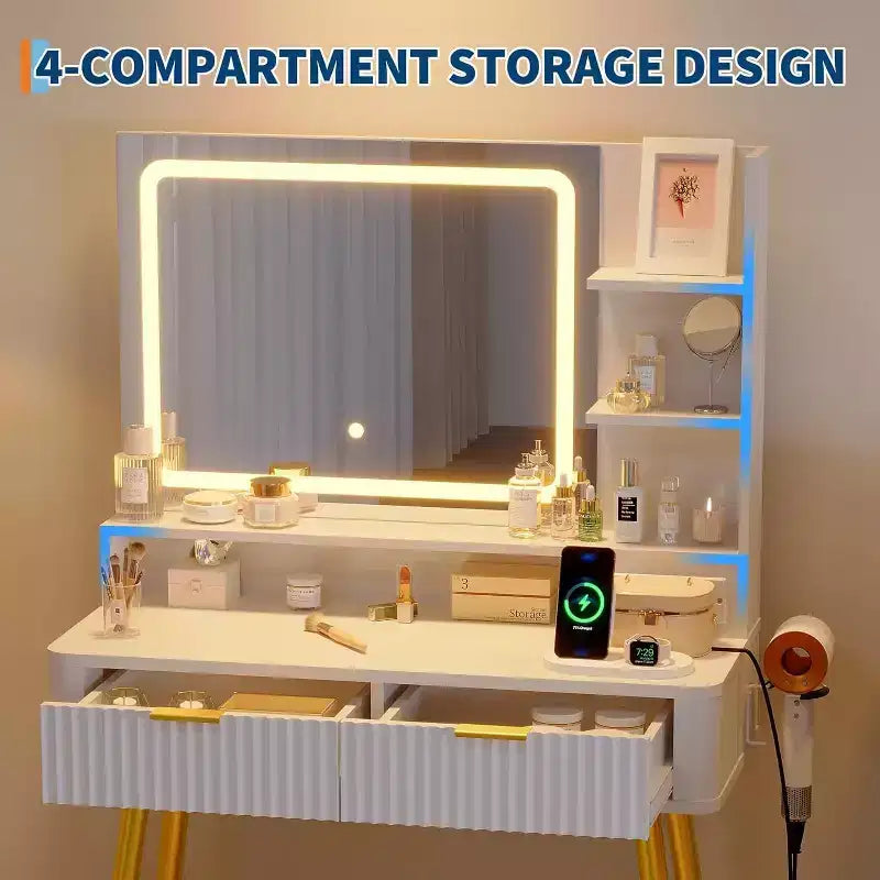 Coiffeuse de 80 cm, Coiffeuse avec 2 tiroirs, Bureau de maquillage pour le rangement et l'organisation de la chambre à coucher