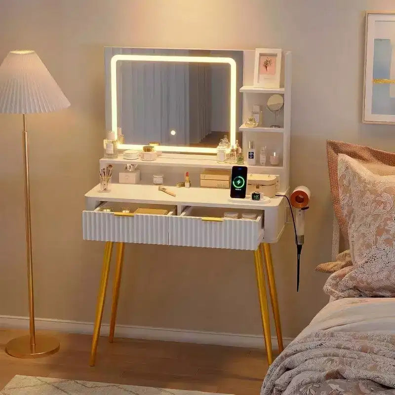Coiffeuse de 80 cm, Coiffeuse avec 2 tiroirs, Bureau de maquillage pour le rangement et l'organisation de la chambre à coucher