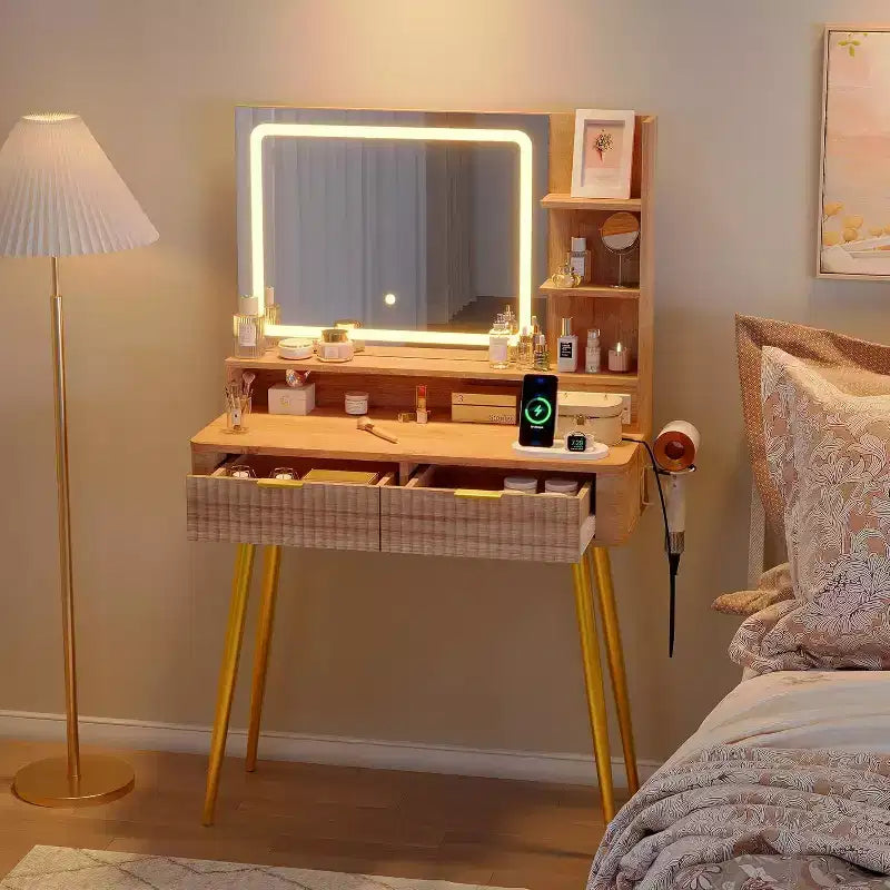 Coiffeuse de 80 cm, Coiffeuse avec 2 tiroirs, Bureau de maquillage pour le rangement et l'organisation de la chambre à coucher