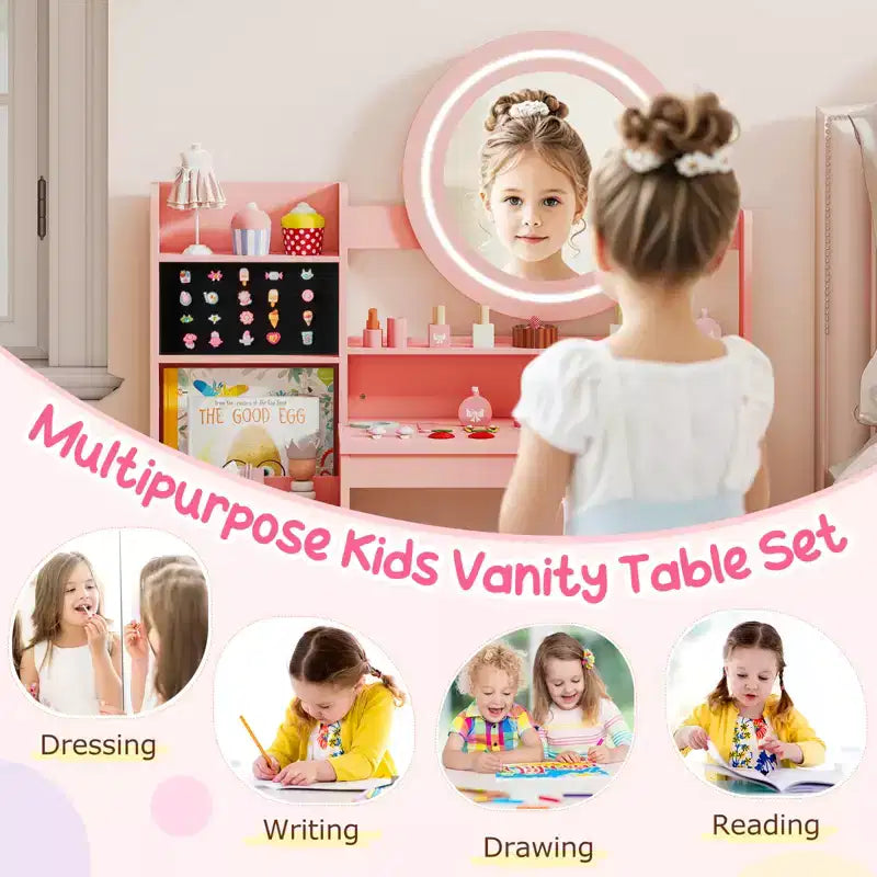 Table de toilette pour enfants Costway avec miroir LED éclairé et chaise de princesse rose