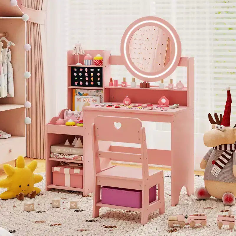 Table de toilette pour enfants Costway avec miroir LED éclairé et chaise de princesse rose