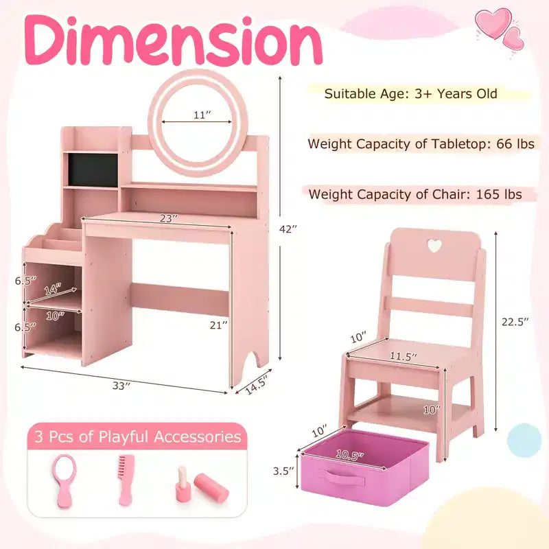 Table de toilette pour enfants Costway avec miroir LED éclairé et chaise de princesse rose
