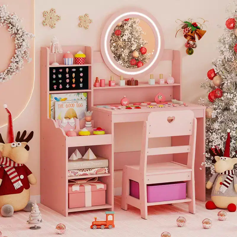 Table de toilette pour enfants Costway avec miroir LED éclairé et chaise de princesse rose