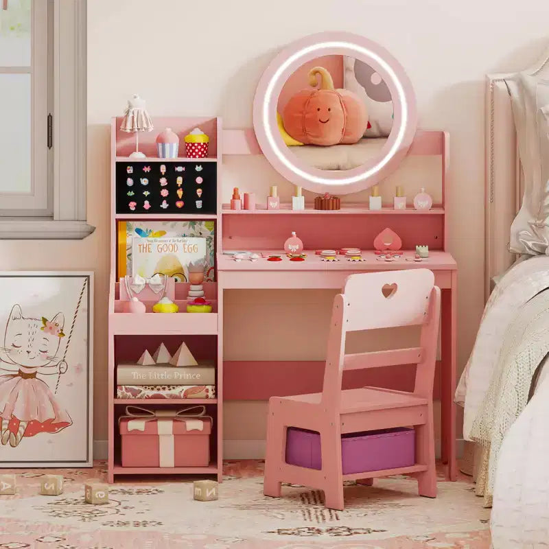 Table de toilette pour enfants Costway avec miroir LED éclairé et chaise de princesse rose