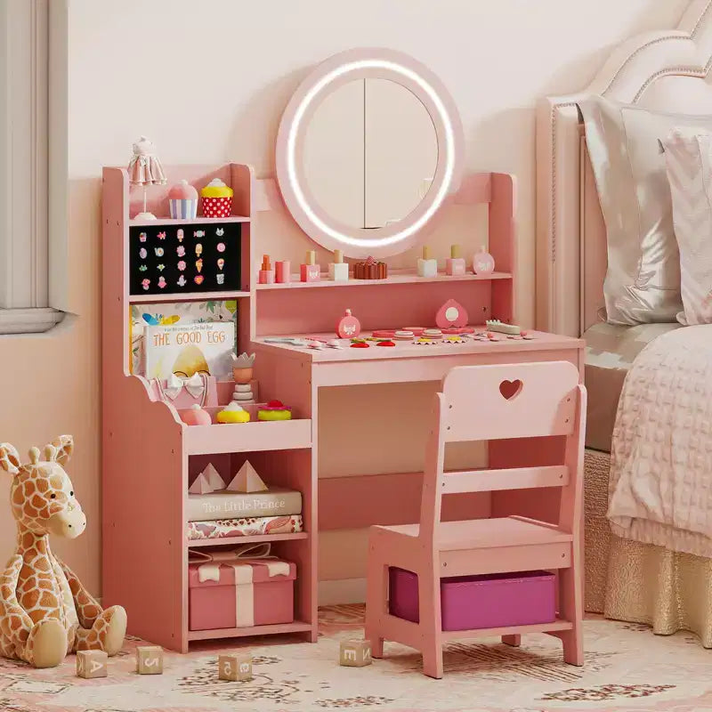 Table de toilette pour enfants Costway avec miroir LED éclairé et chaise de princesse rose