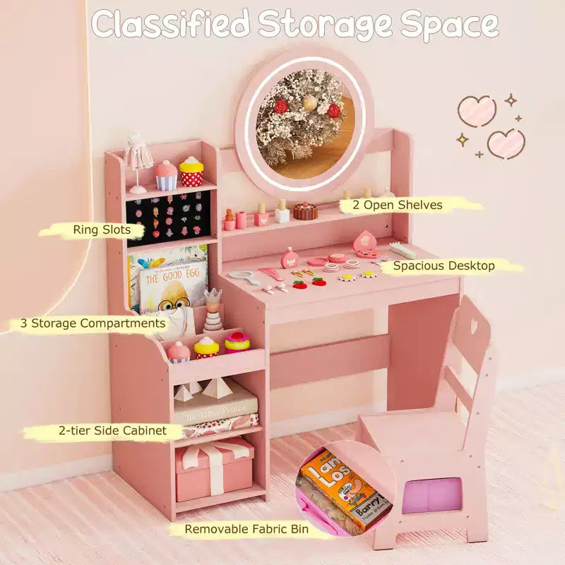 Table de toilette pour enfants Costway avec miroir LED éclairé et chaise de princesse rose