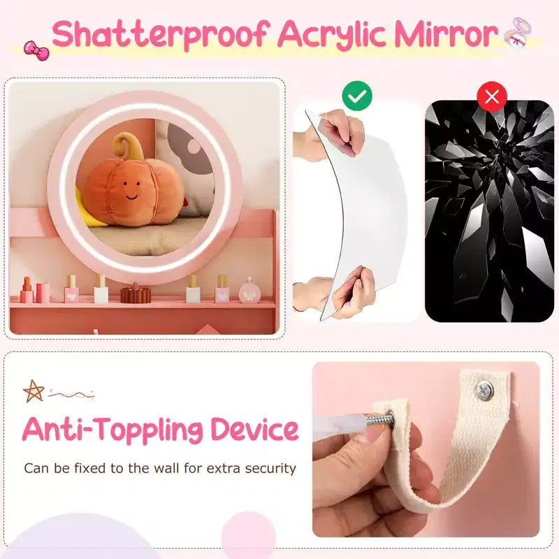 Table de toilette pour enfants Costway avec miroir LED éclairé et chaise de princesse rose