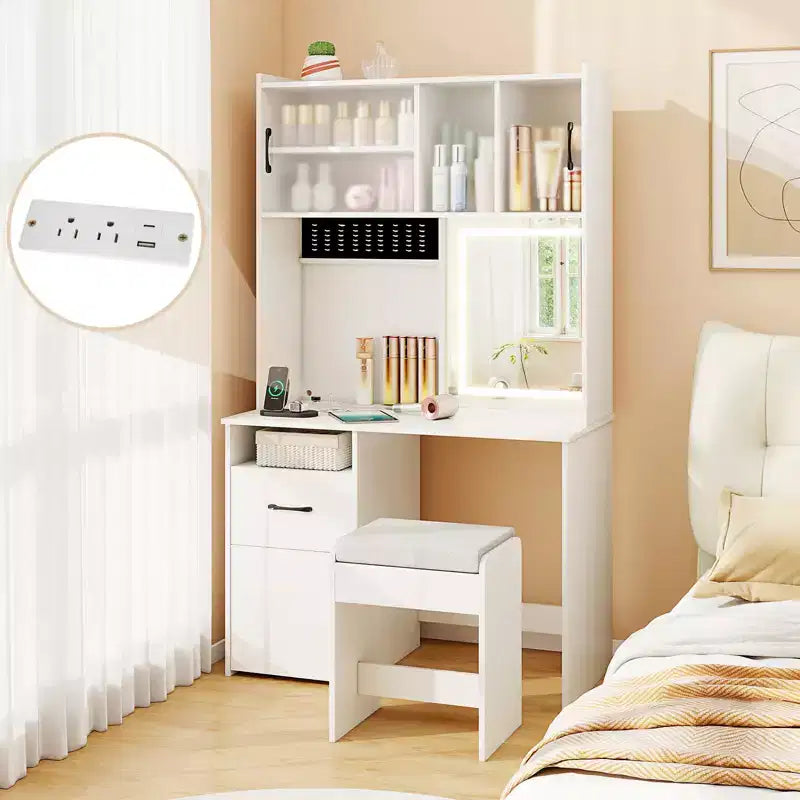 Coiffeuse Costway 100 cm avec miroir, lumières, prises de courant, luminosité réglable et étagères