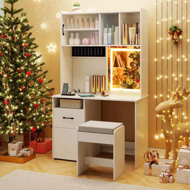 Coiffeuse Costway 100 cm avec miroir, lumières, prises de courant, luminosité réglable et étagères