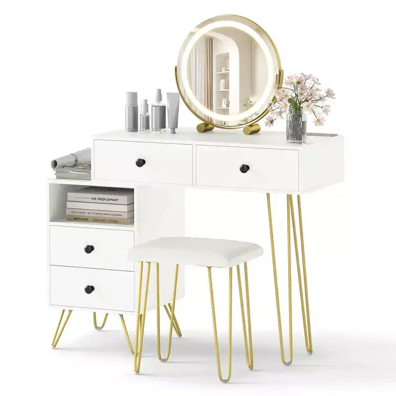 Costway Vanity Desk w/ Mirror Lights Built-in Power Outlet 4 Storage Drawers Stool