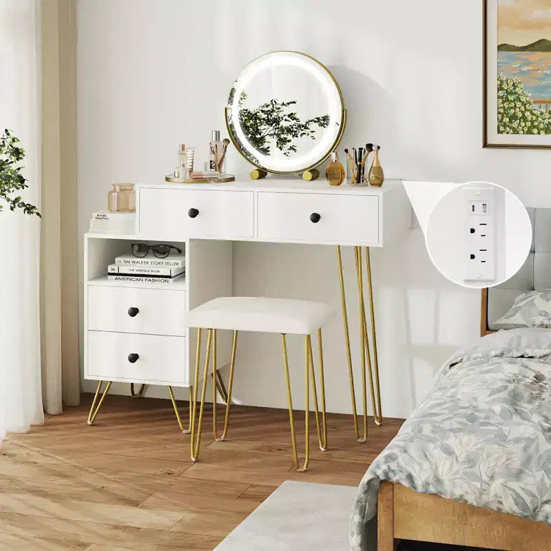 Coiffeuse Costway avec miroir, lumières, prise de courant intégrée, 4 tiroirs de rangement et tabouret