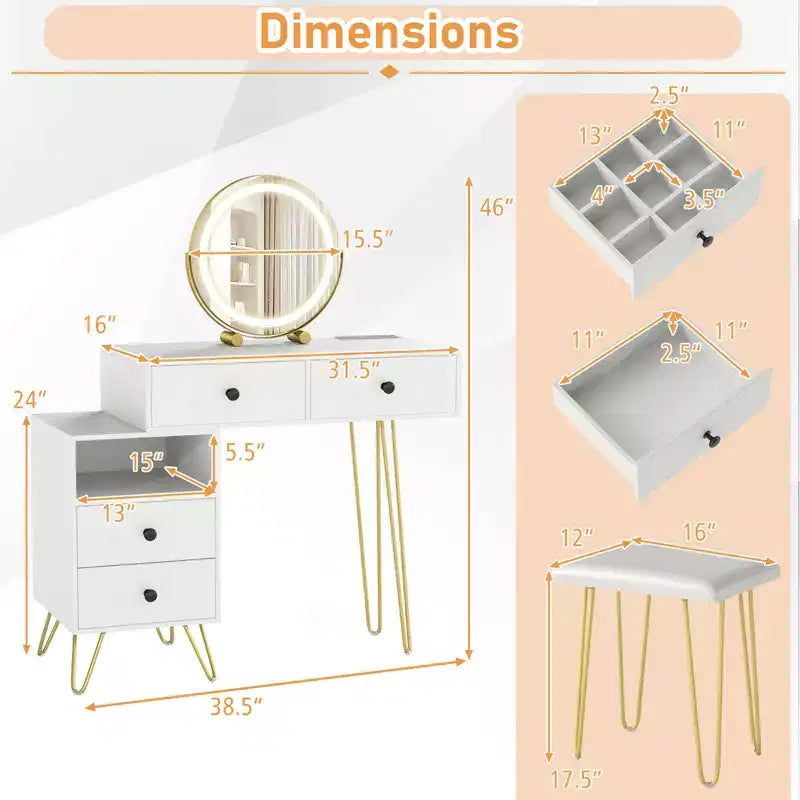 Coiffeuse Costway avec miroir, lumières, prise de courant intégrée, 4 tiroirs de rangement et tabouret