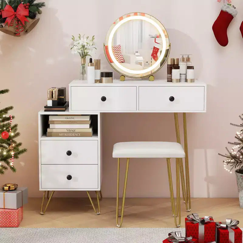 Coiffeuse Costway avec miroir, lumières, prise de courant intégrée, 4 tiroirs de rangement et tabouret
