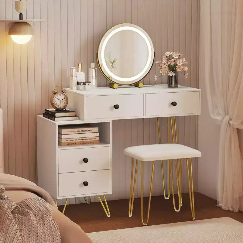 Coiffeuse Costway avec miroir, lumières, prise de courant intégrée, 4 tiroirs de rangement et tabouret