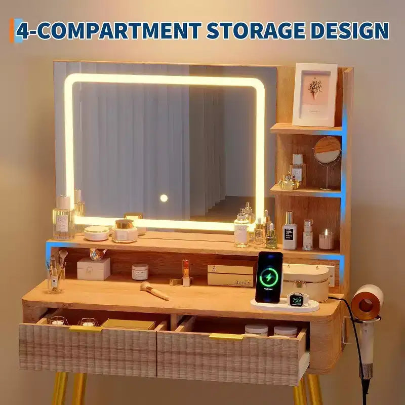 Coiffeuse avec miroir lumineux, coiffeuse LED de 80 cm avec 2 tiroirs, 3 modes d'éclairage, table de toilette cannelée avec station de recharge