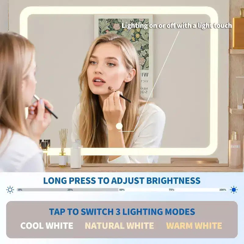 Coiffeuse avec miroir lumineux, coiffeuse LED de 80 cm avec 2 tiroirs, 3 modes d'éclairage, table de toilette cannelée avec station de recharge