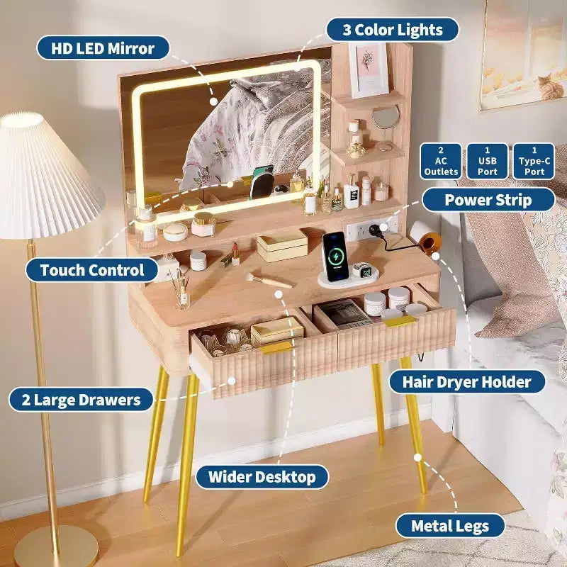 Coiffeuse avec miroir lumineux, coiffeuse LED de 80 cm avec 2 tiroirs, 3 modes d'éclairage, table de toilette cannelée avec station de recharge
