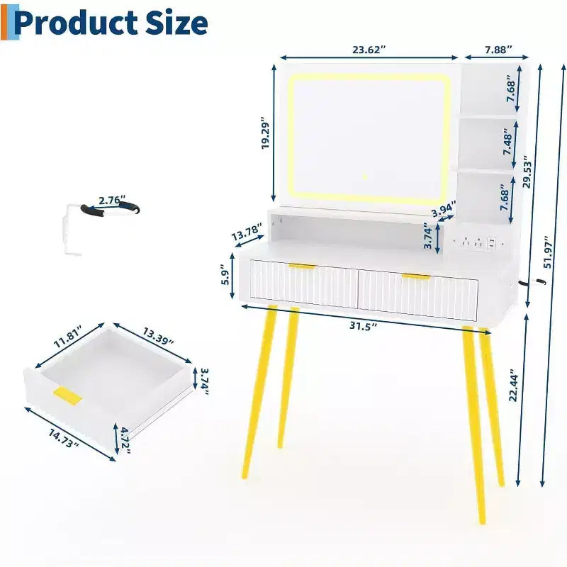 Coiffeuse avec miroir lumineux, coiffeuse LED de 80 cm avec 2 tiroirs, 3 modes d'éclairage, table de toilette cannelée avec station de recharge