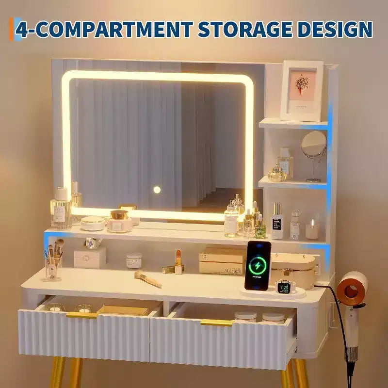 Coiffeuse avec miroir lumineux, coiffeuse LED de 80 cm avec 2 tiroirs, 3 modes d'éclairage, table de toilette cannelée avec station de recharge