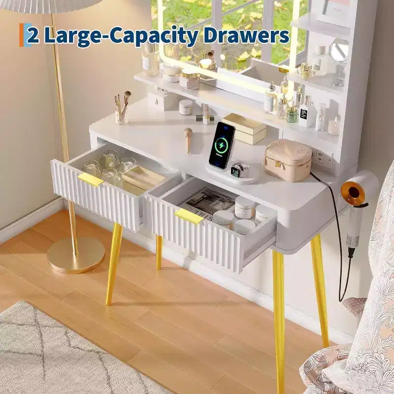 Coiffeuse avec miroir lumineux, coiffeuse LED de 80 cm avec 2 tiroirs, 3 modes d'éclairage, table de toilette cannelée avec station de recharge