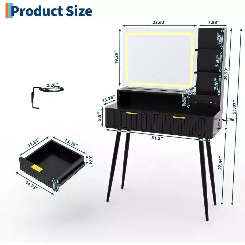 Coiffeuse avec miroir lumineux, coiffeuse LED de 80 cm avec 2 tiroirs, 3 modes d'éclairage, table de toilette cannelée avec station de recharge