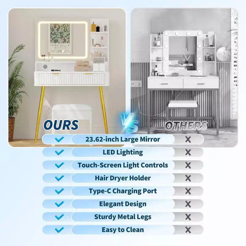 Coiffeuse avec miroir lumineux, coiffeuse LED de 80 cm avec 2 tiroirs, 3 modes d'éclairage, table de toilette cannelée avec station de recharge