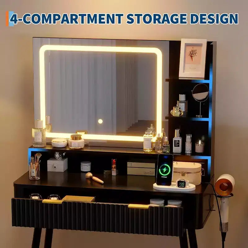 Coiffeuse avec miroir lumineux, coiffeuse LED de 80 cm avec 2 tiroirs, 3 modes d'éclairage, table de toilette cannelée avec station de recharge