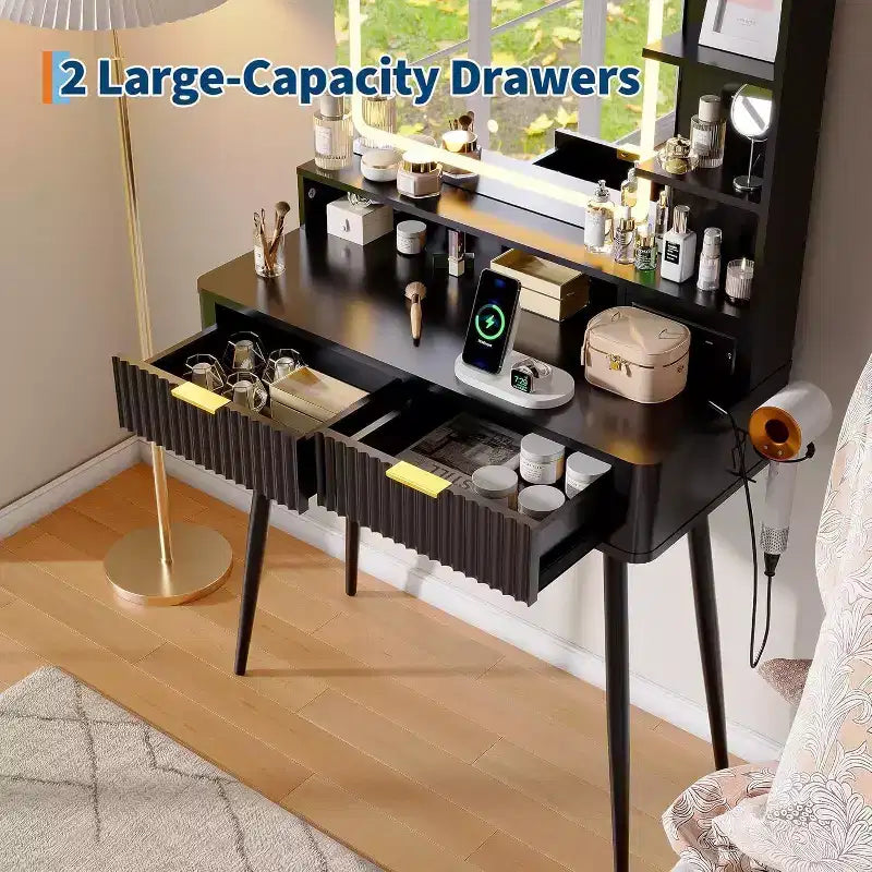 Coiffeuse avec miroir lumineux, coiffeuse LED de 80 cm avec 2 tiroirs, 3 modes d'éclairage, table de toilette cannelée avec station de recharge