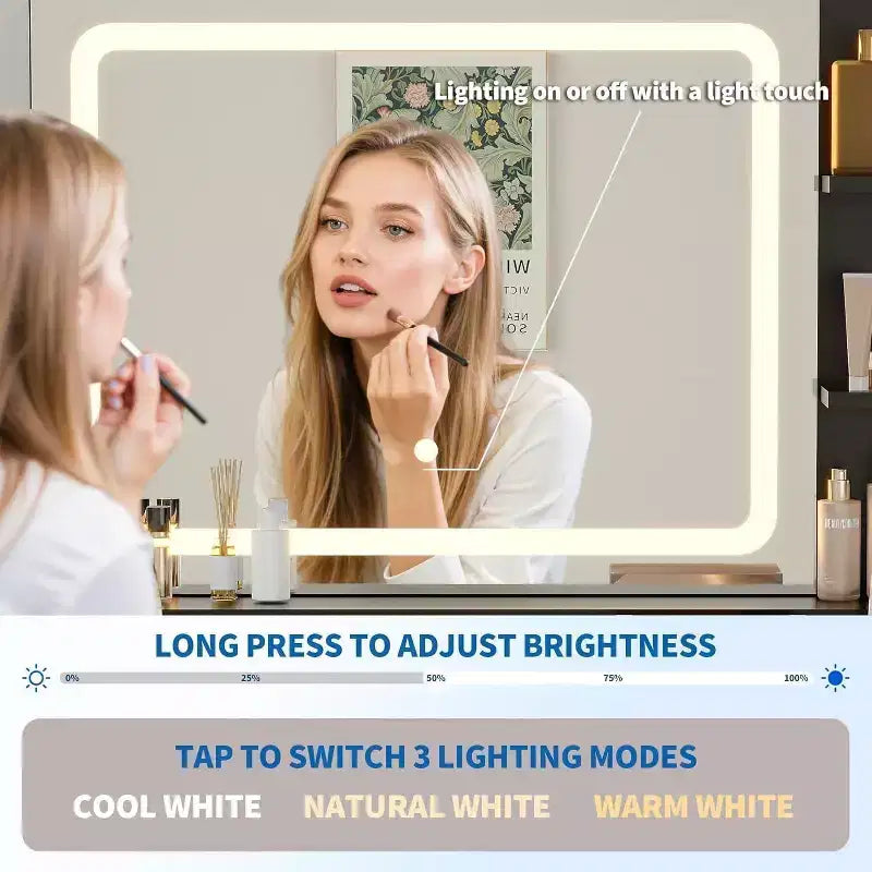 Coiffeuse avec miroir lumineux, coiffeuse LED de 80 cm avec 2 tiroirs, 3 modes d'éclairage, table de toilette cannelée avec station de recharge