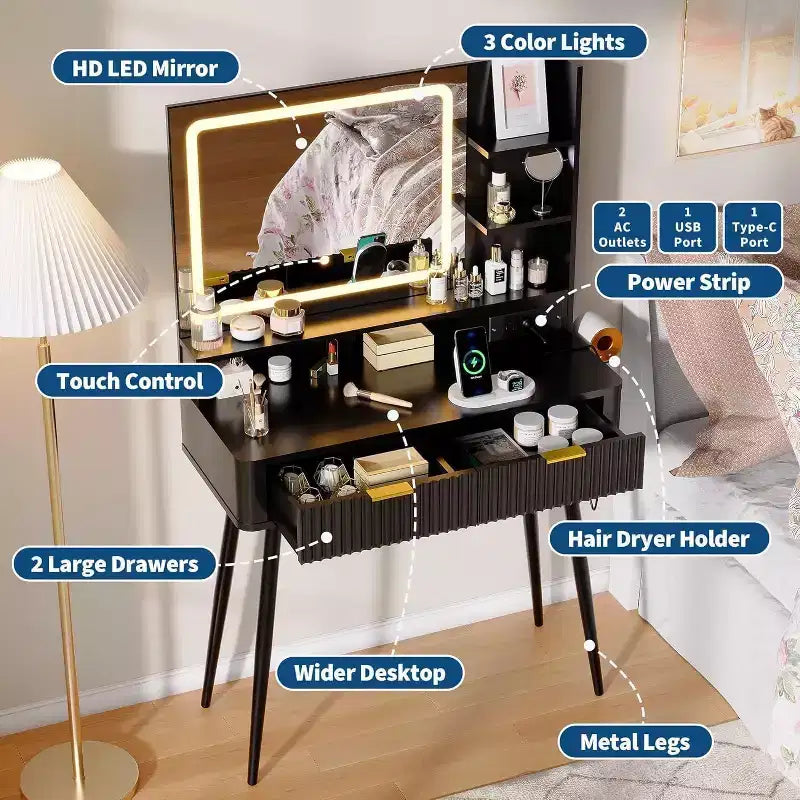 Coiffeuse avec miroir lumineux, coiffeuse LED de 80 cm avec 2 tiroirs, 3 modes d'éclairage, table de toilette cannelée avec station de recharge