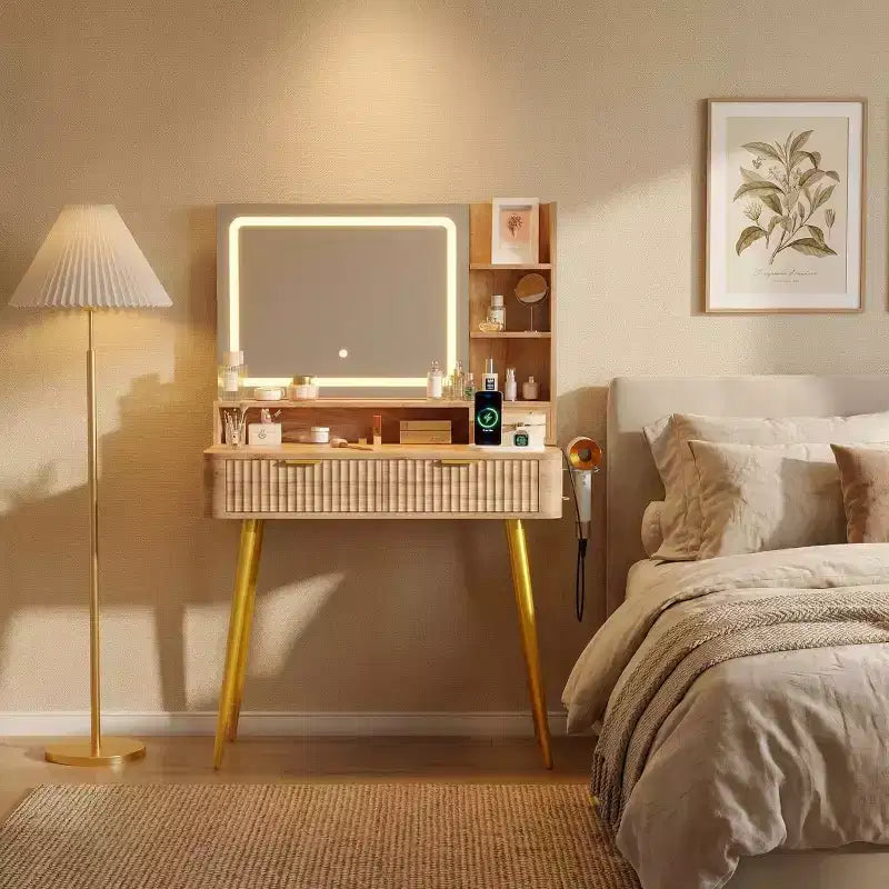 Coiffeuse avec miroir lumineux, coiffeuse LED de 80 cm avec 2 tiroirs, 3 modes d'éclairage, table de toilette cannelée avec station de recharge