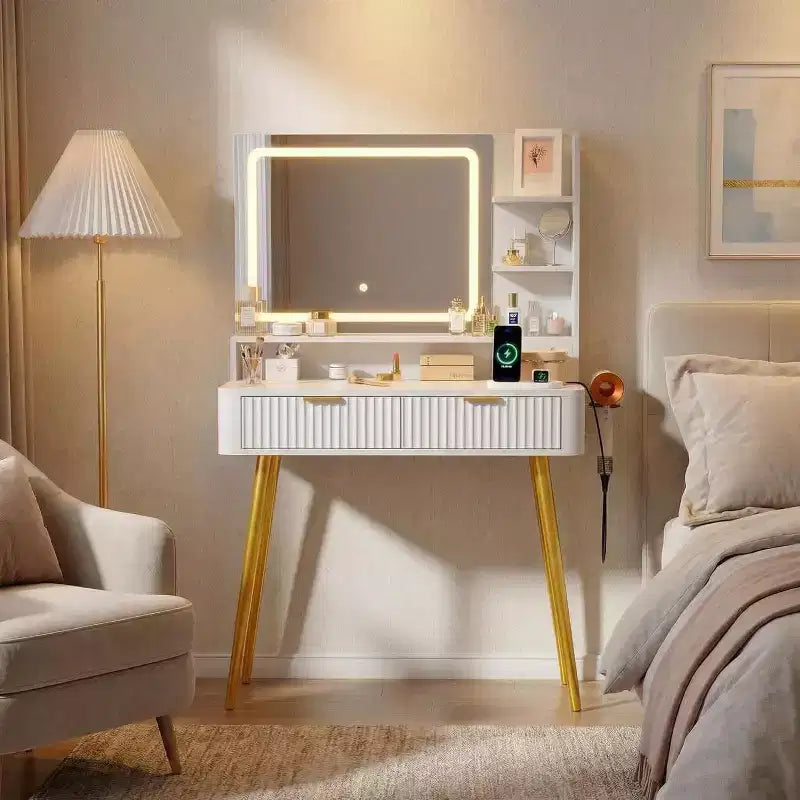 Coiffeuse avec miroir lumineux, coiffeuse LED de 80 cm avec 2 tiroirs, 3 modes d'éclairage, table de toilette cannelée avec station de recharge